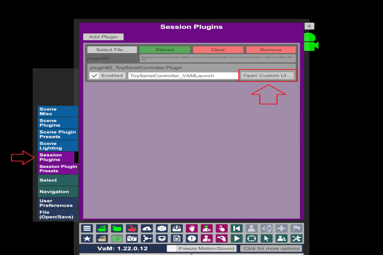 In the VaM Session Plugins panel, the Custom UI for ToySerialController VAMLaunch is open.