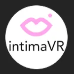 A brand mark for intimaVR, shown as pink lips on a white background. The design suggests romantic-themed virtual character content.