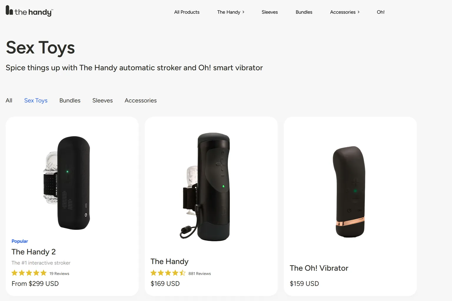The Handy product listing page, where models like The Handy and The Handy 2 are displayed side by side.