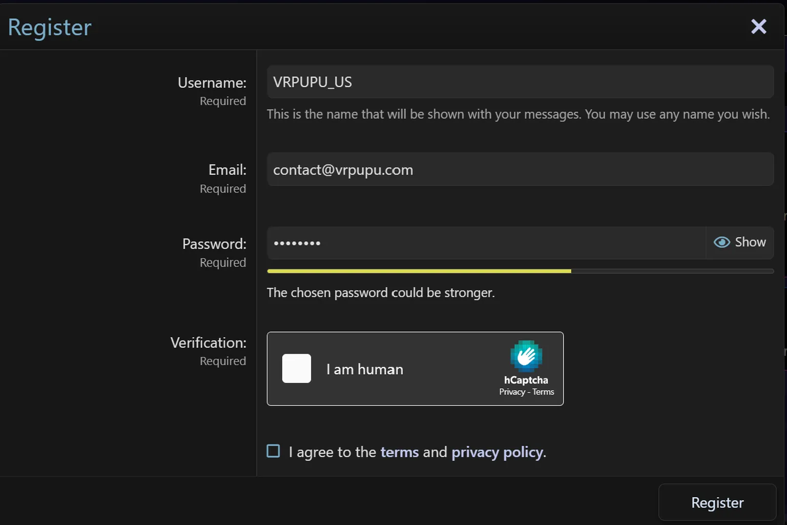 Enter your username, password, and email address, then complete the reCAPTCHA check to proceed.