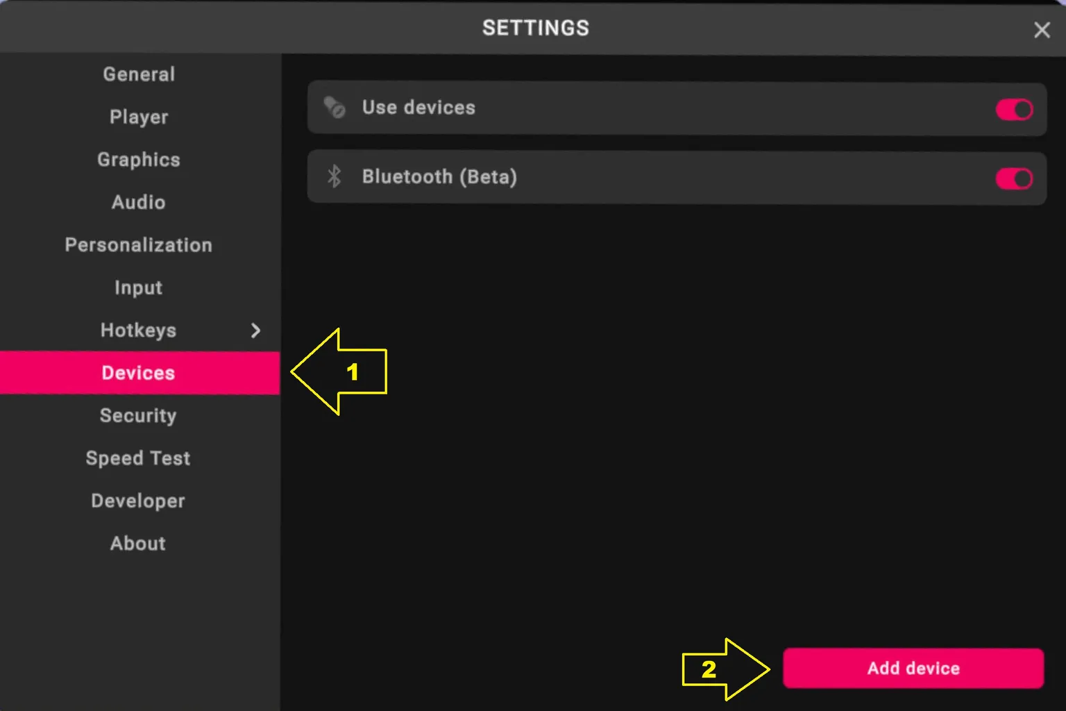 VRPorn settings screen showing the Devices section, with Use devices and Bluetooth enabled and the Add device button highlighted.