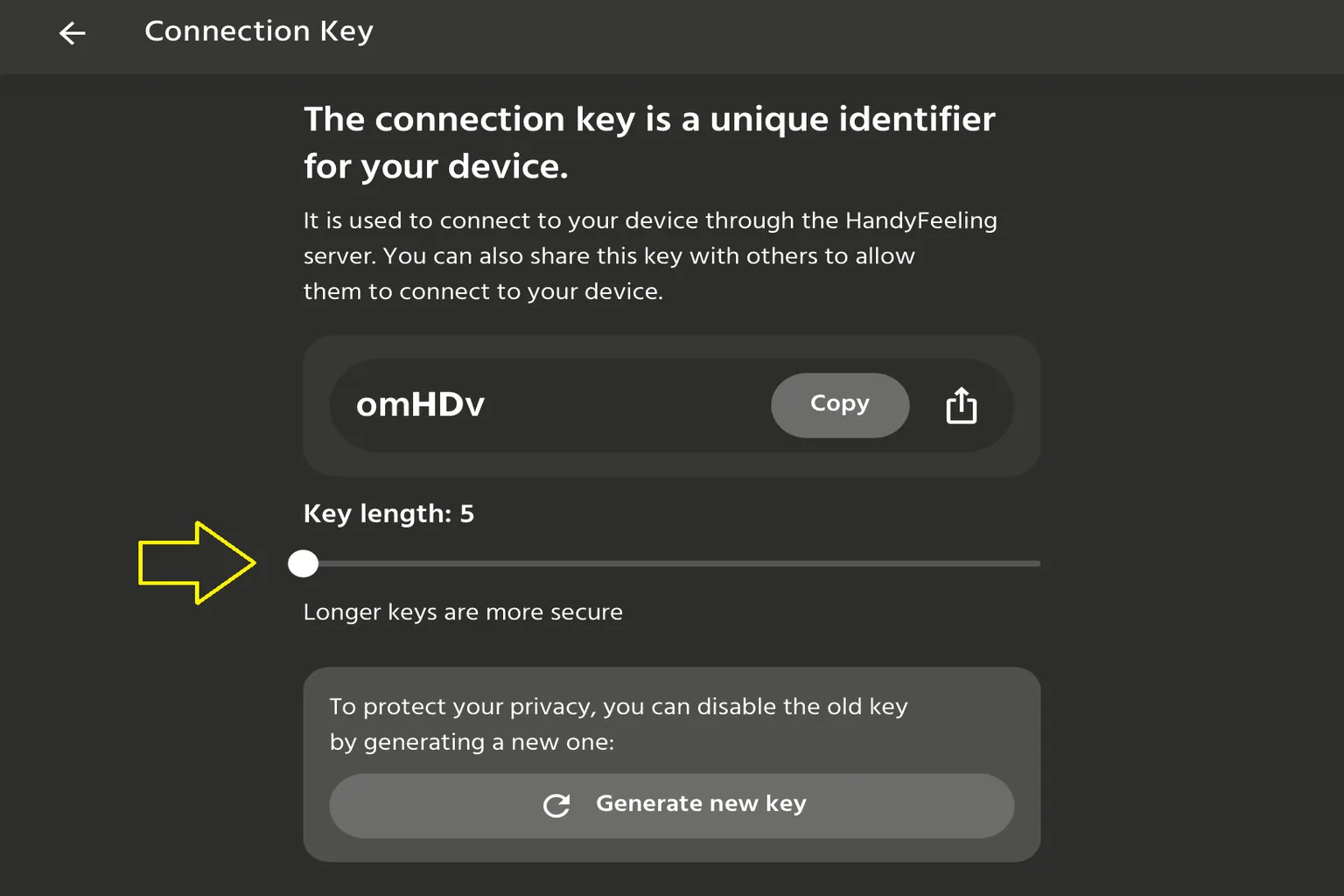 HandyOnboarding Connection Key screen showing the key length slider set to 5, with an arrow pointing to the slider.