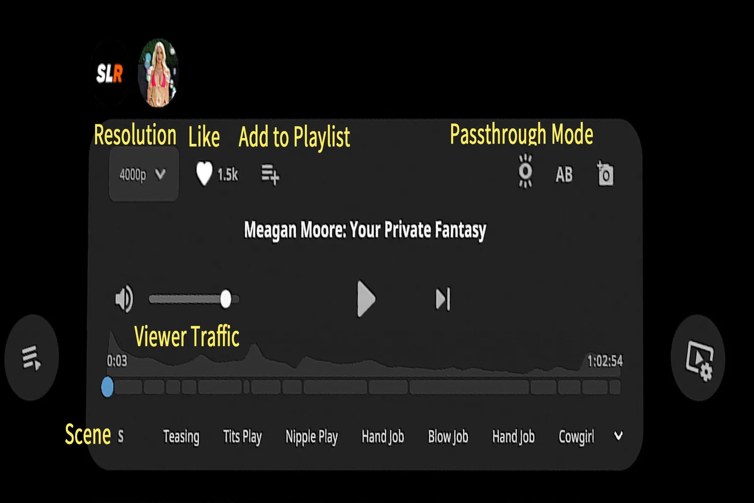 SLR video player screen showing playback progress, scene tags, and various control buttons.