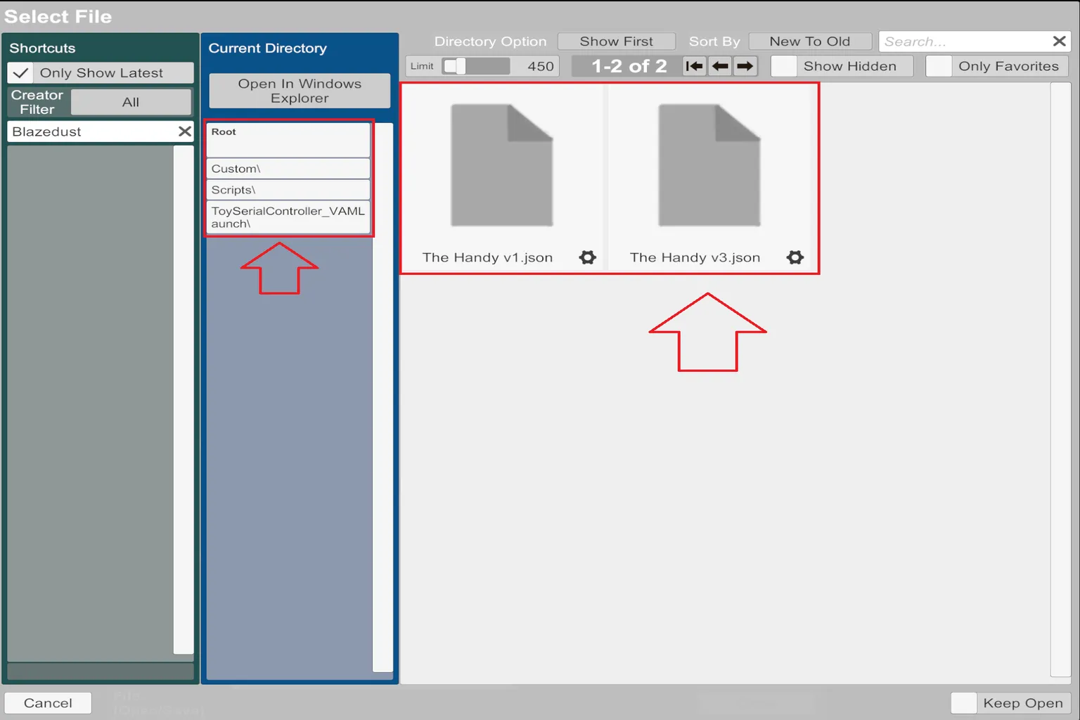 In the VaM file browser, go to Custom Scripts → ToySerialController → VAMLaunch and select the Handy JSON file.
