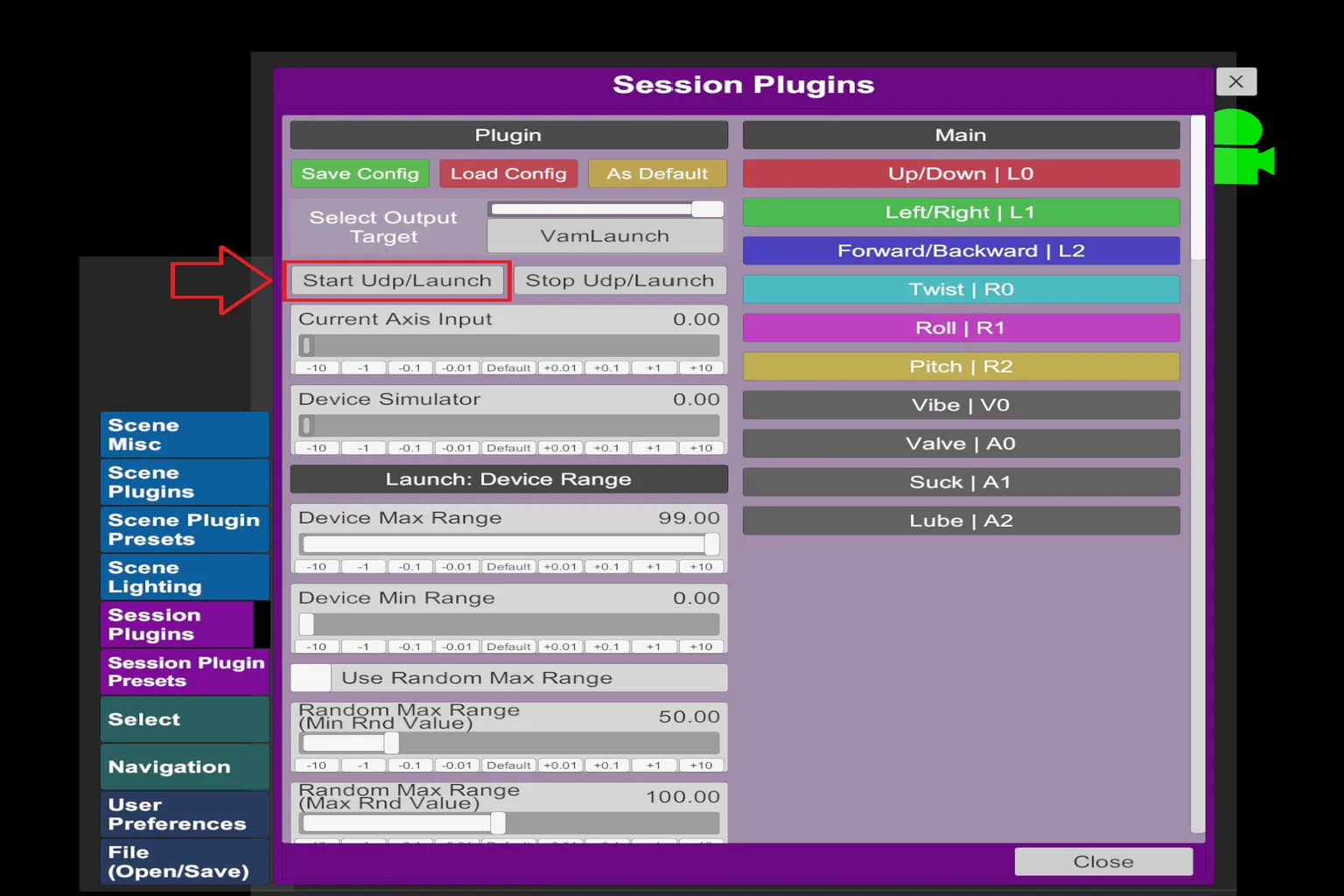 In the ToySerialController plugin screen, click Start Udp Launch to enable the connection with The Handy.