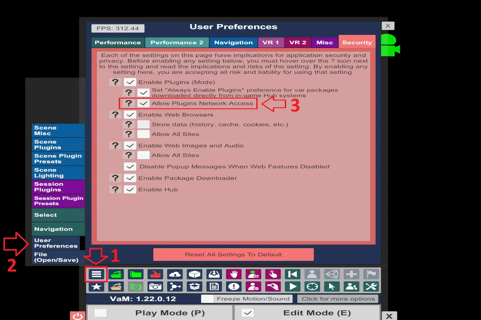 This is the VaM user settings screen. Open the security page, find the plugin network access setting, and turn on Allow Plugins Network Access so it can connect to external devices.