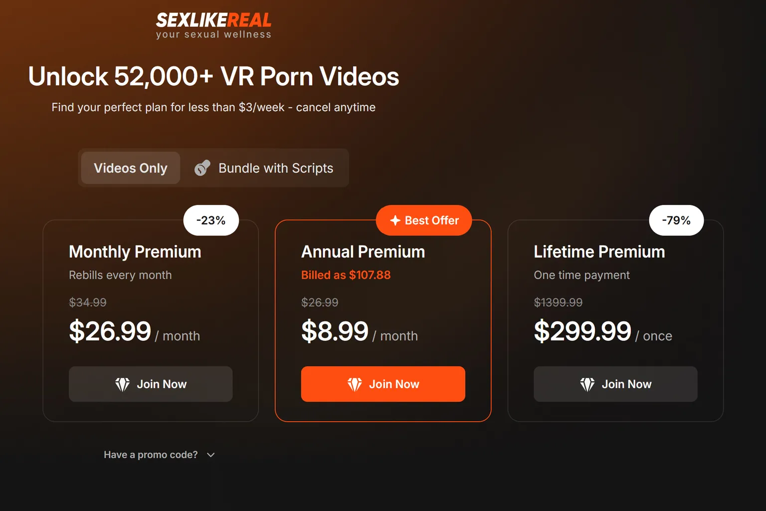 SexLikeReal Scripts Bundle plan screen showing monthly, yearly, and lifetime prices, with the yearly plan highlighted in an orange frame as the “Best Offer”.