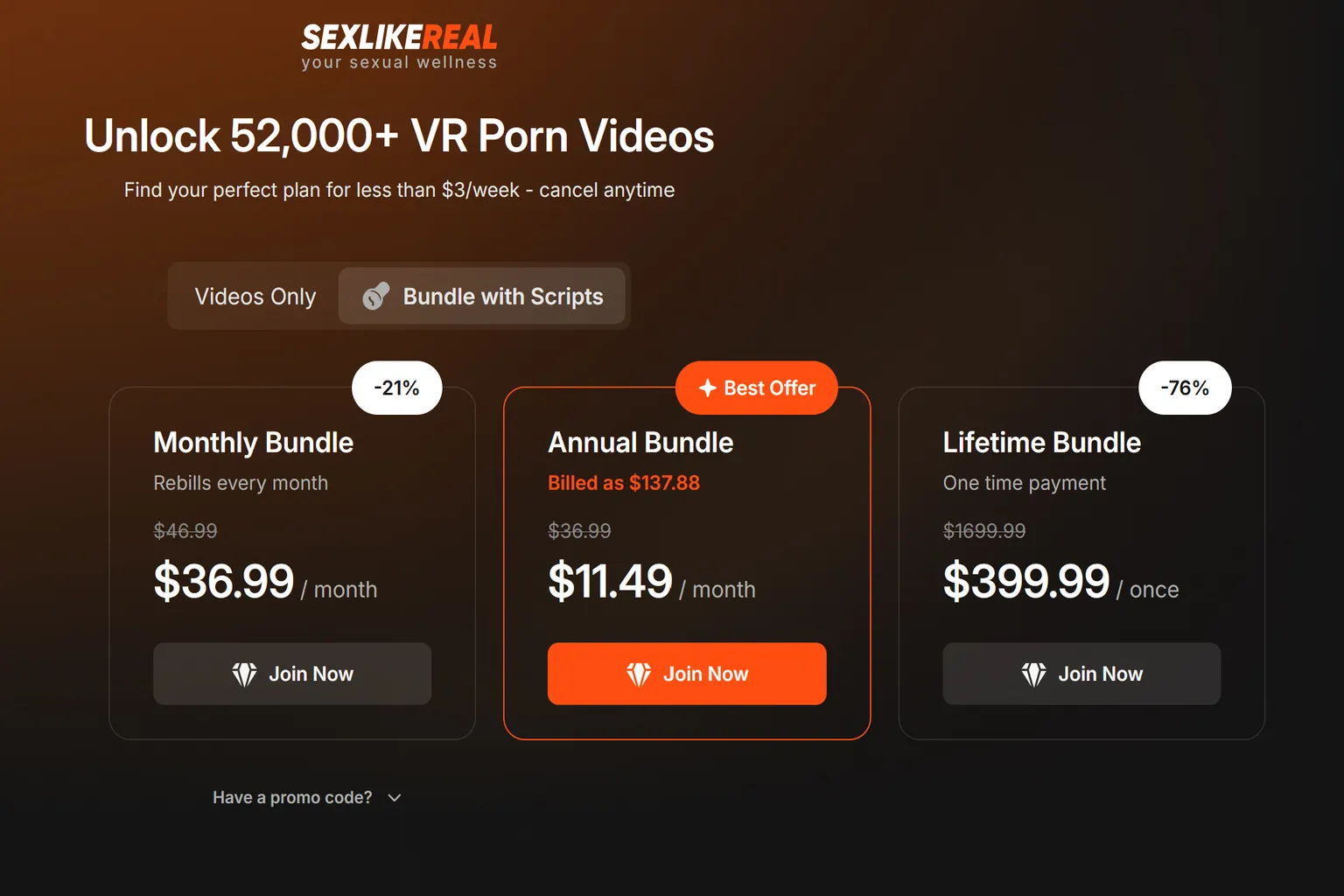 SexLikeReal Scripts Bundle plan screen showing monthly, yearly, and lifetime prices, with the yearly plan highlighted in an orange frame as the “Best Offer”.