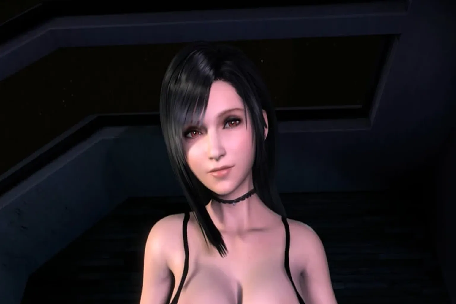 A virtual female character with short black hair, wearing a dark dress. The background is an indoor scene with paintings and distinctive wall textures, with lighting focused on her face and upper body to create a moody, atmosphere-driven composition.