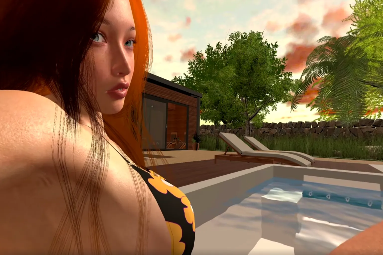 A scene showing a red-haired virtual female character relaxing by a pool. Wooden buildings and deck chairs appear in the background, with warm sunset lighting that clearly shows both the character’s details and the calm outdoor mood.