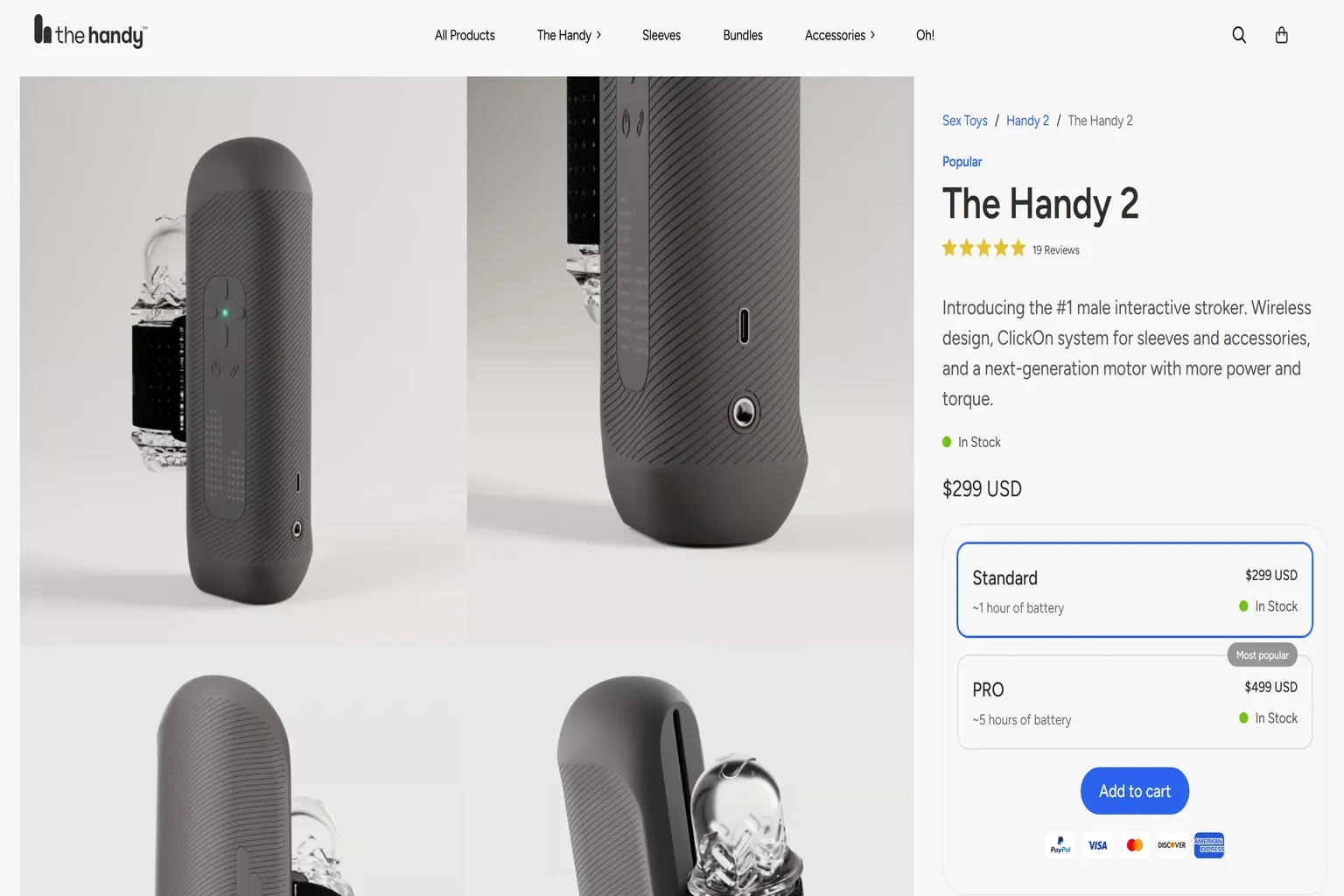 The Handy 2 product page showing pricing and pre-order details for the Standard and Pro versions.