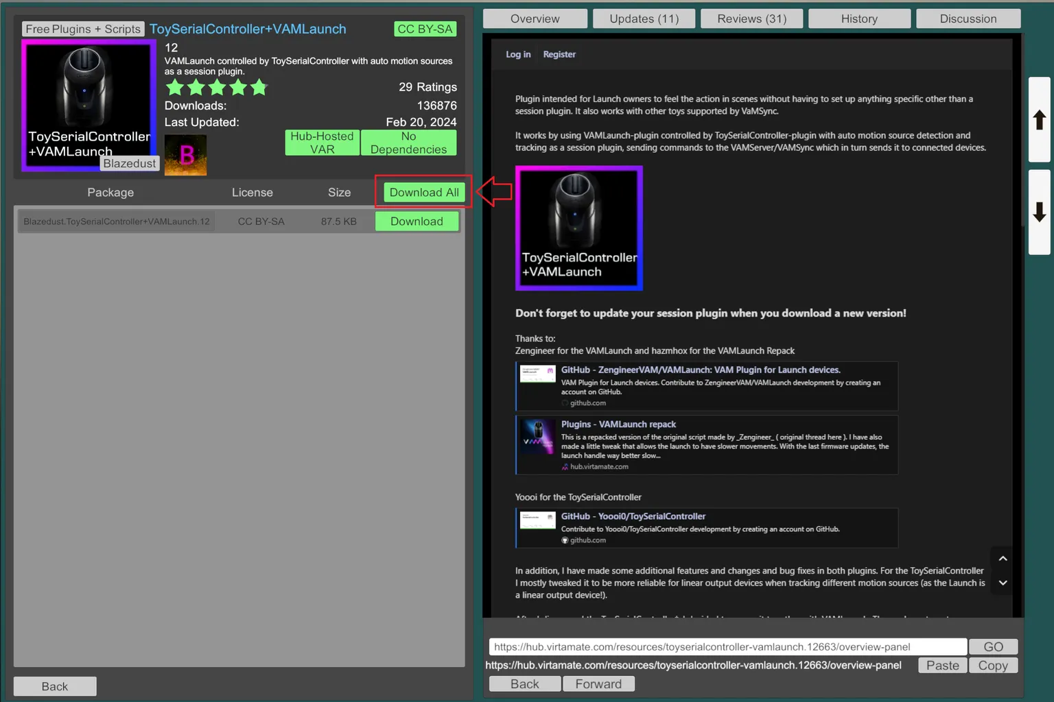 Open the ToySerialController VAMLaunch plugin page in VAM Hub. You can also confirm where the Download All button is located.