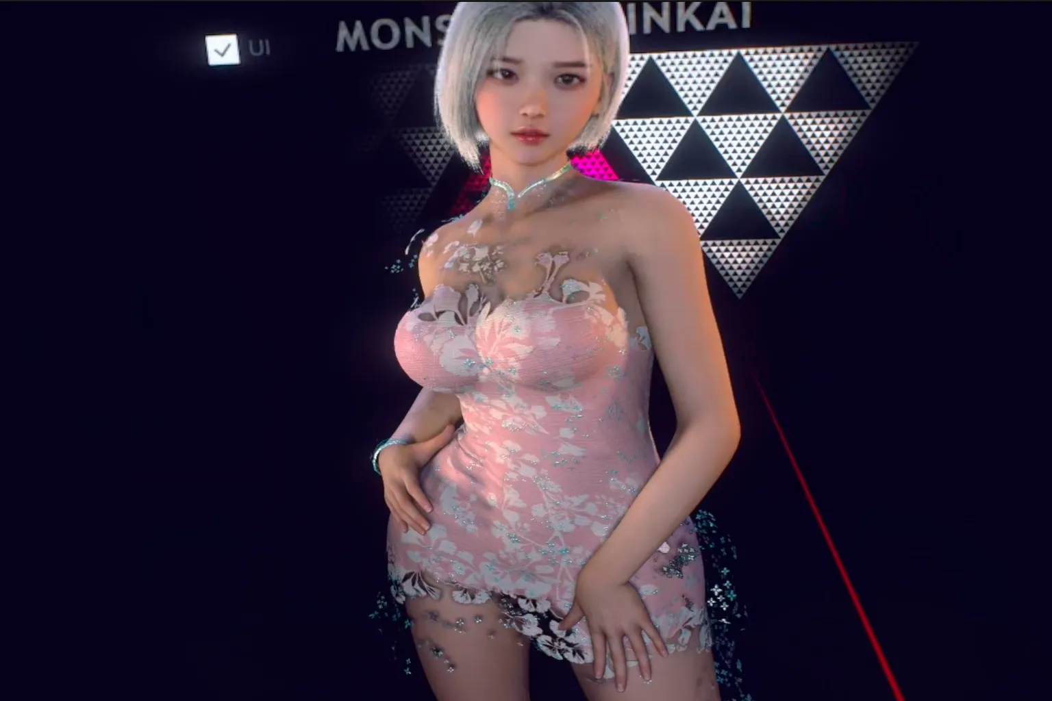 Korean-style female character wearing a pink floral cheongsam, standing at the center of the stage with a clean display background and no visible UI elements.