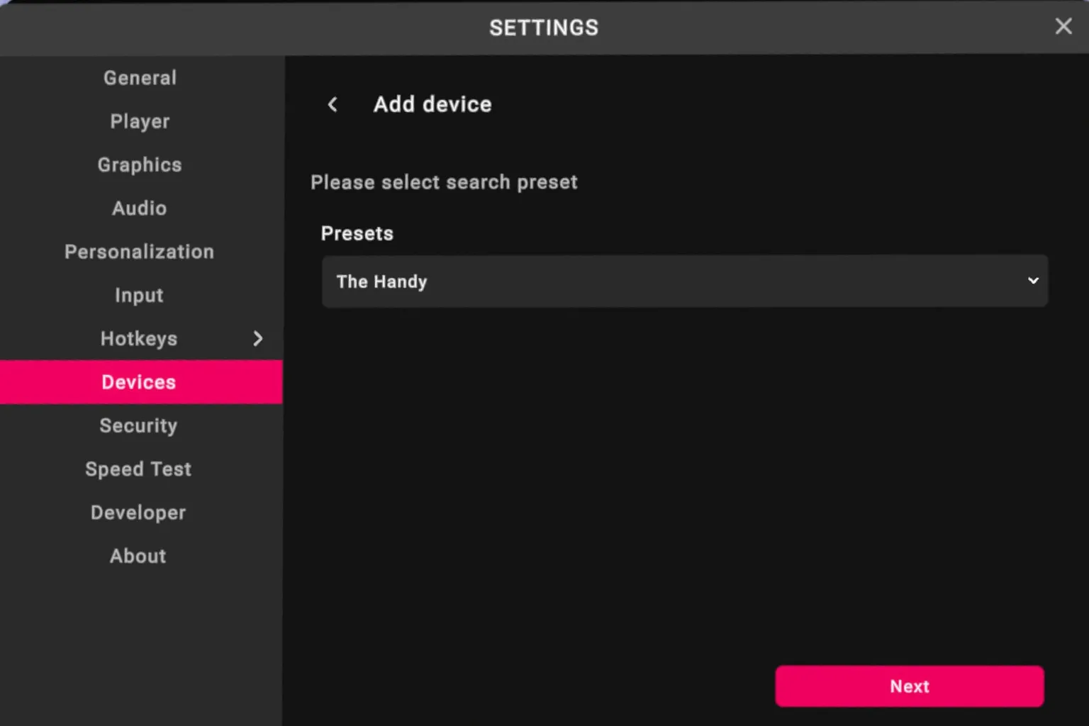 VRPorn Add device screen showing The Handy selected as the search preset before pairing an interactive device.