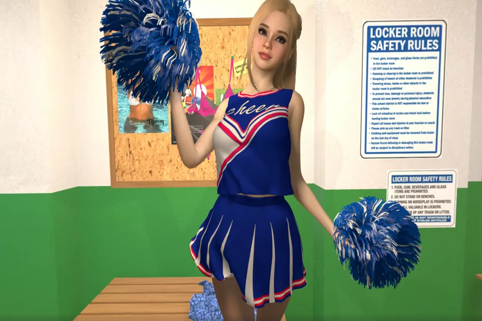 A cheerleader character waving pom-poms inside a locker room. She wears a blue uniform and approaches with a smile, while bulletin boards and safety notices are visible in the background.