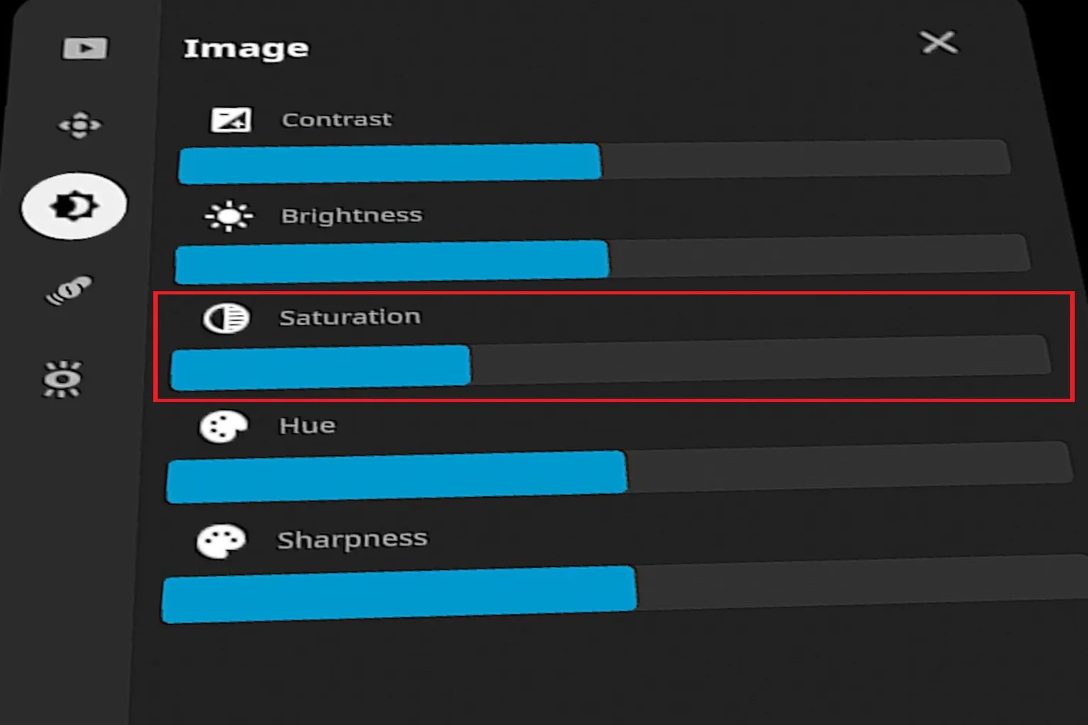 SLR player saturation adjustment screen, showing the video settings menu with a control slider.
