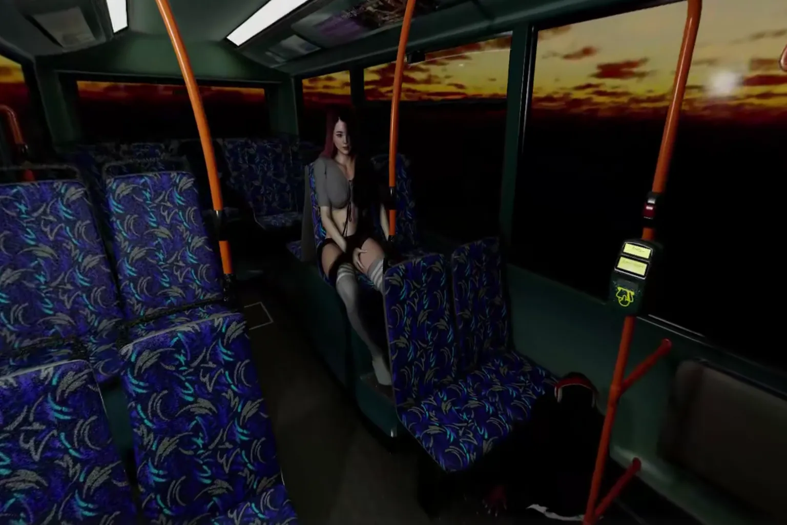 A shot of a virtual girl sitting on a bus seat at night. The interior lighting contrasts with the sunset visible through the window, clearly conveying both the scene setup and the character’s overall atmosphere.
