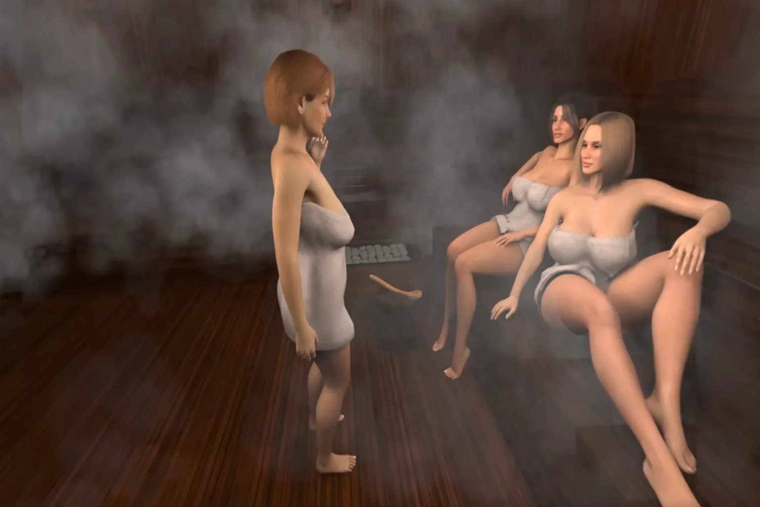 A scene where virtual female characters relax and talk inside a steam room. Towels and visible steam effects are used, making it easy to see the character materials and the overall atmosphere of the environment.