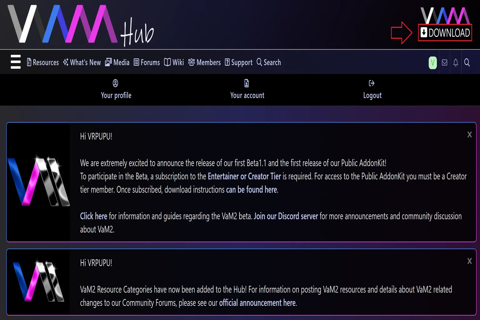 Once registration is successful, your username will appear in the top-right corner of the VAM Hub page, confirming that your VAM account is active.