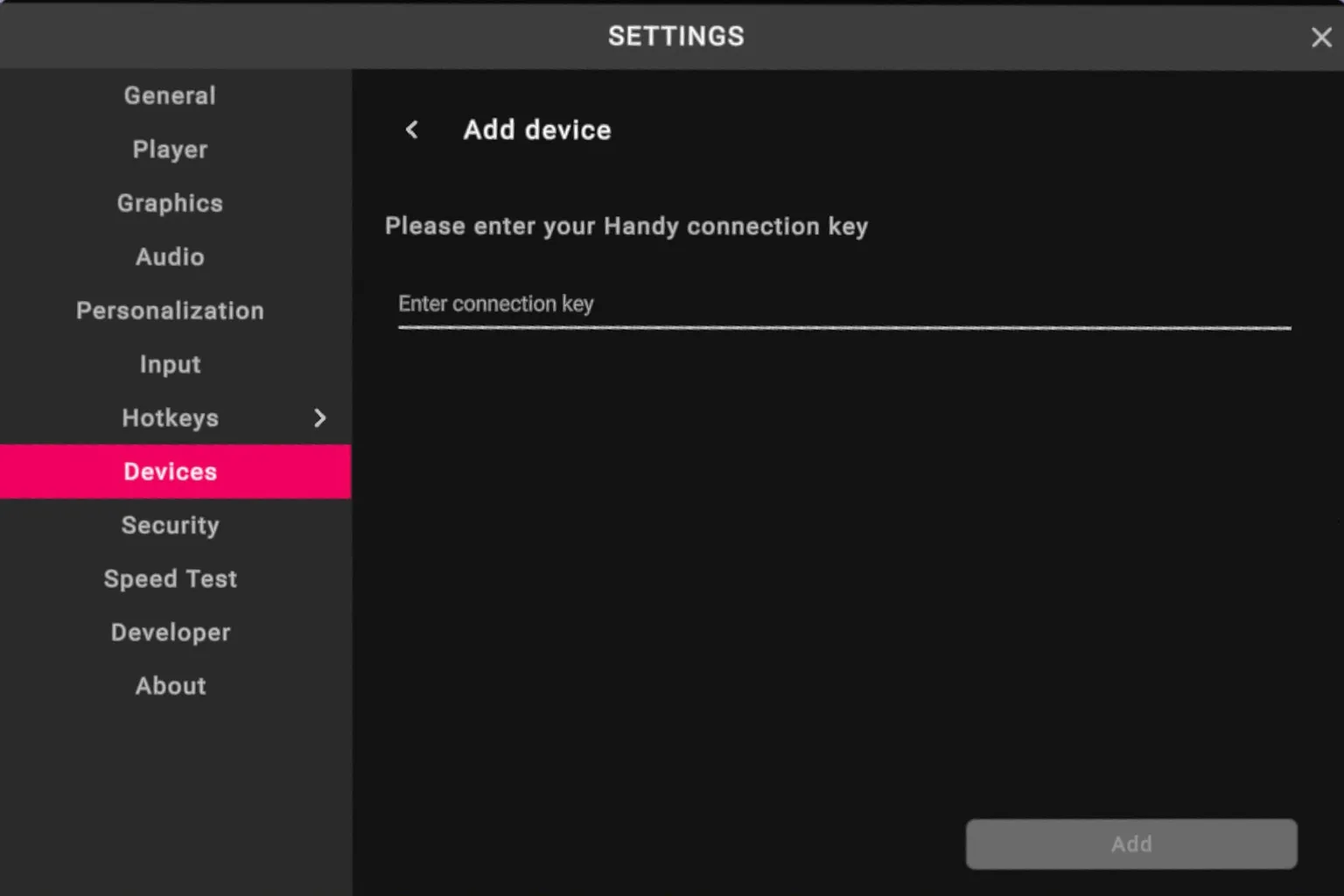 VRPorn Add device screen where The Handy connection key is entered to connect the device.