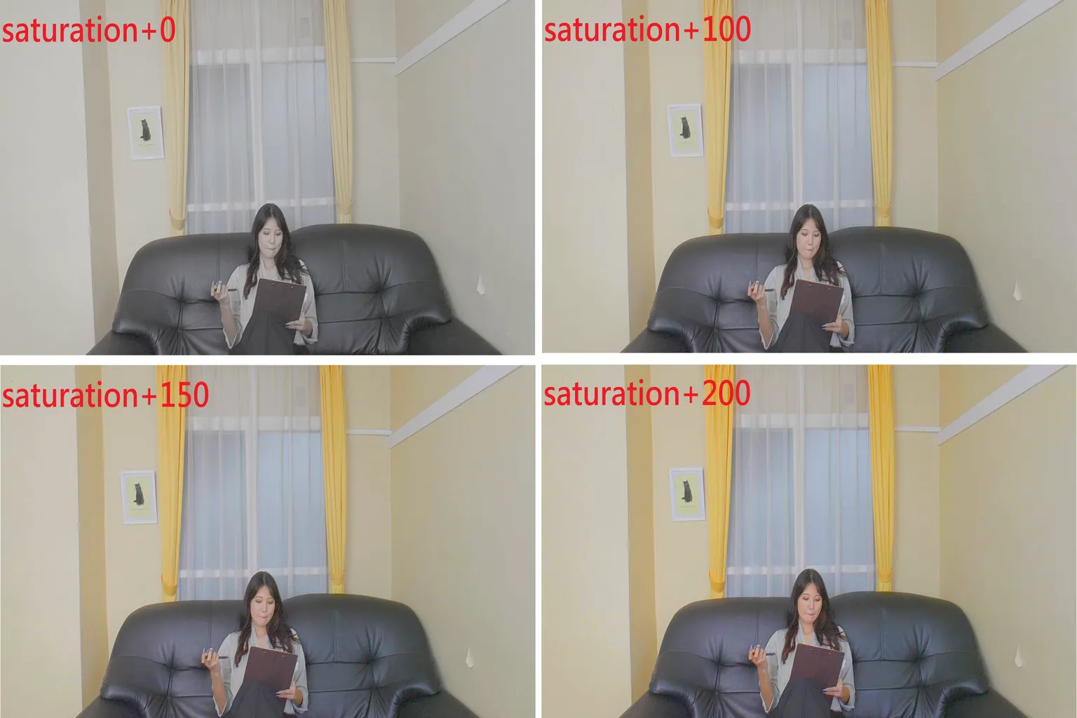 Comparison screen of a female secretary character shown at different saturation levels from +0 to +200, clearly illustrating changes in color intensity.