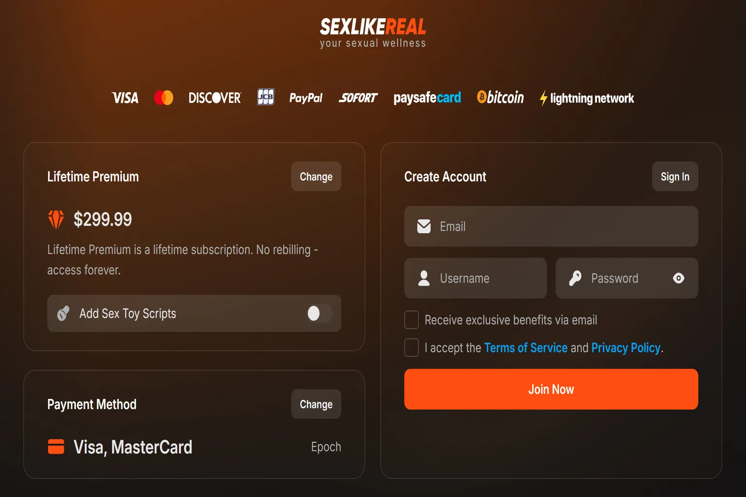SLR registration and payment screen allowing payment by credit card or cryptocurrency, with the Lifetime Premium priced at $299.99.