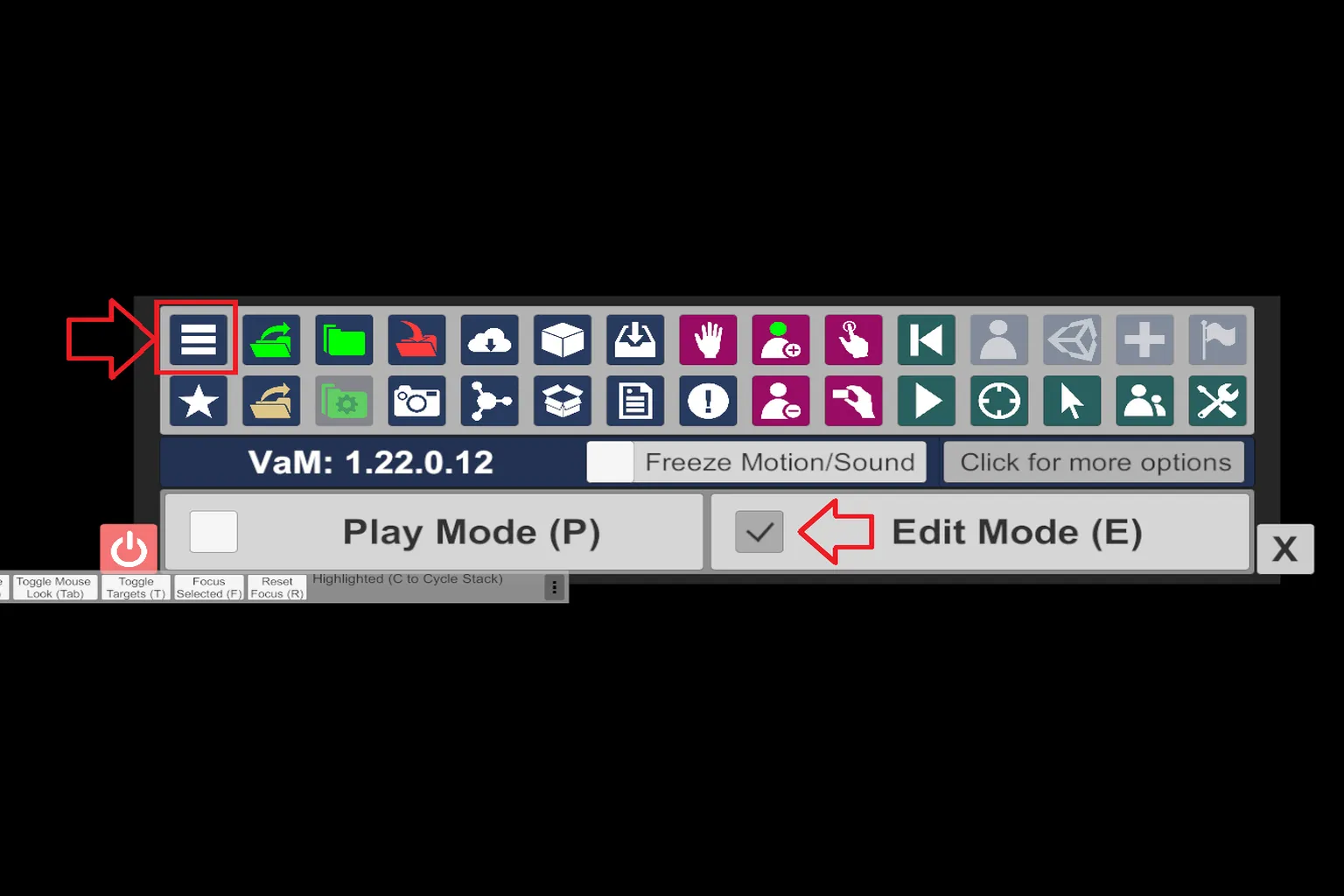 On the VaM screen, check Edit Mode to switch from play mode into edit mode.