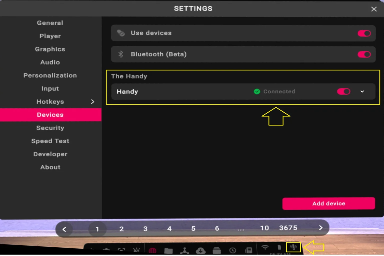 VRPorn Devices settings screen showing The Handy connected and ready to use.
