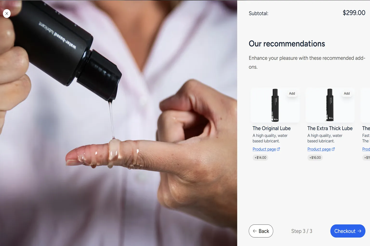 The add-on screen where you can include lubricant and accessories, showing the official lotion and recommended extras.