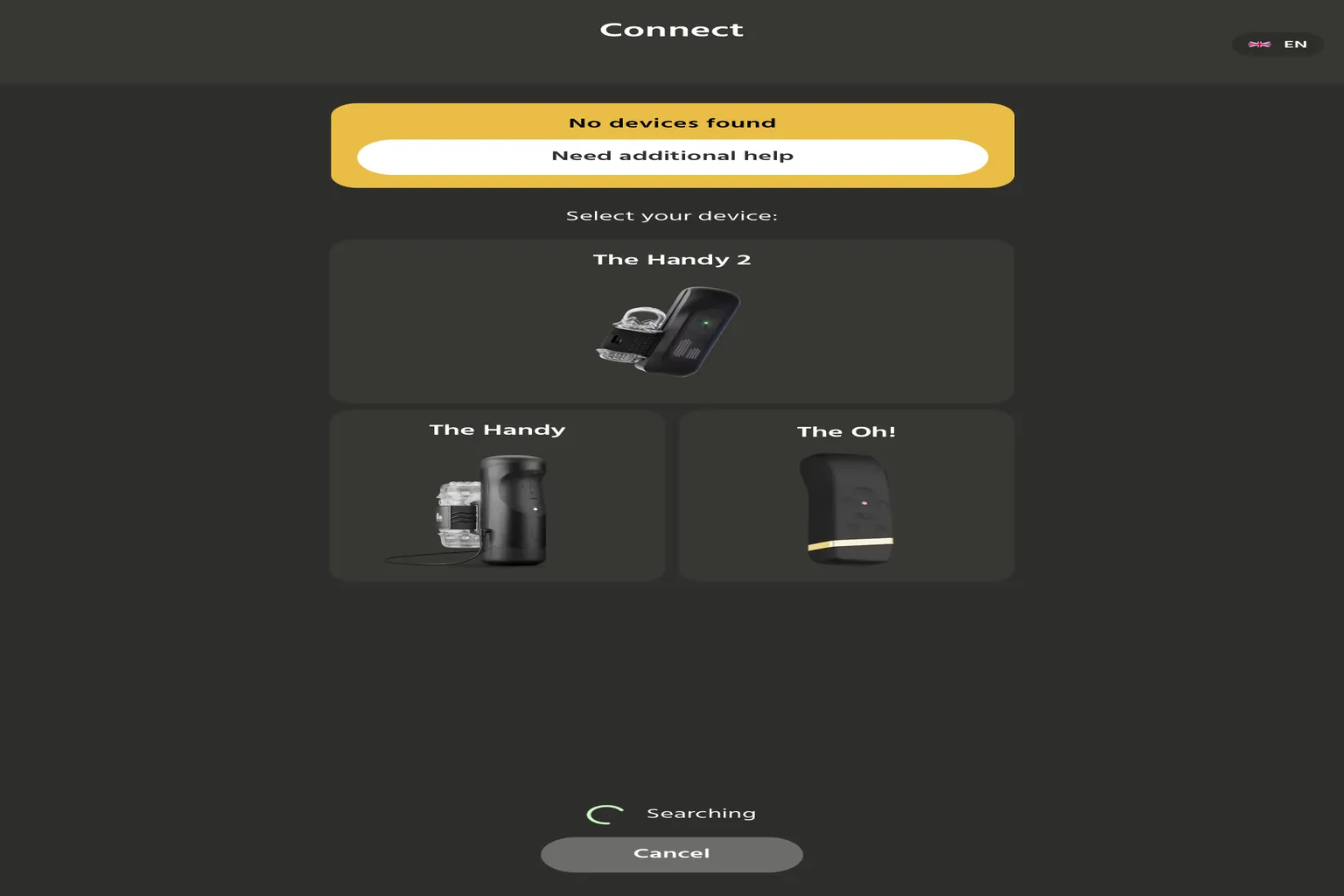 HandyOnboarding app showing a No devices found message while scanning for The Handy device.