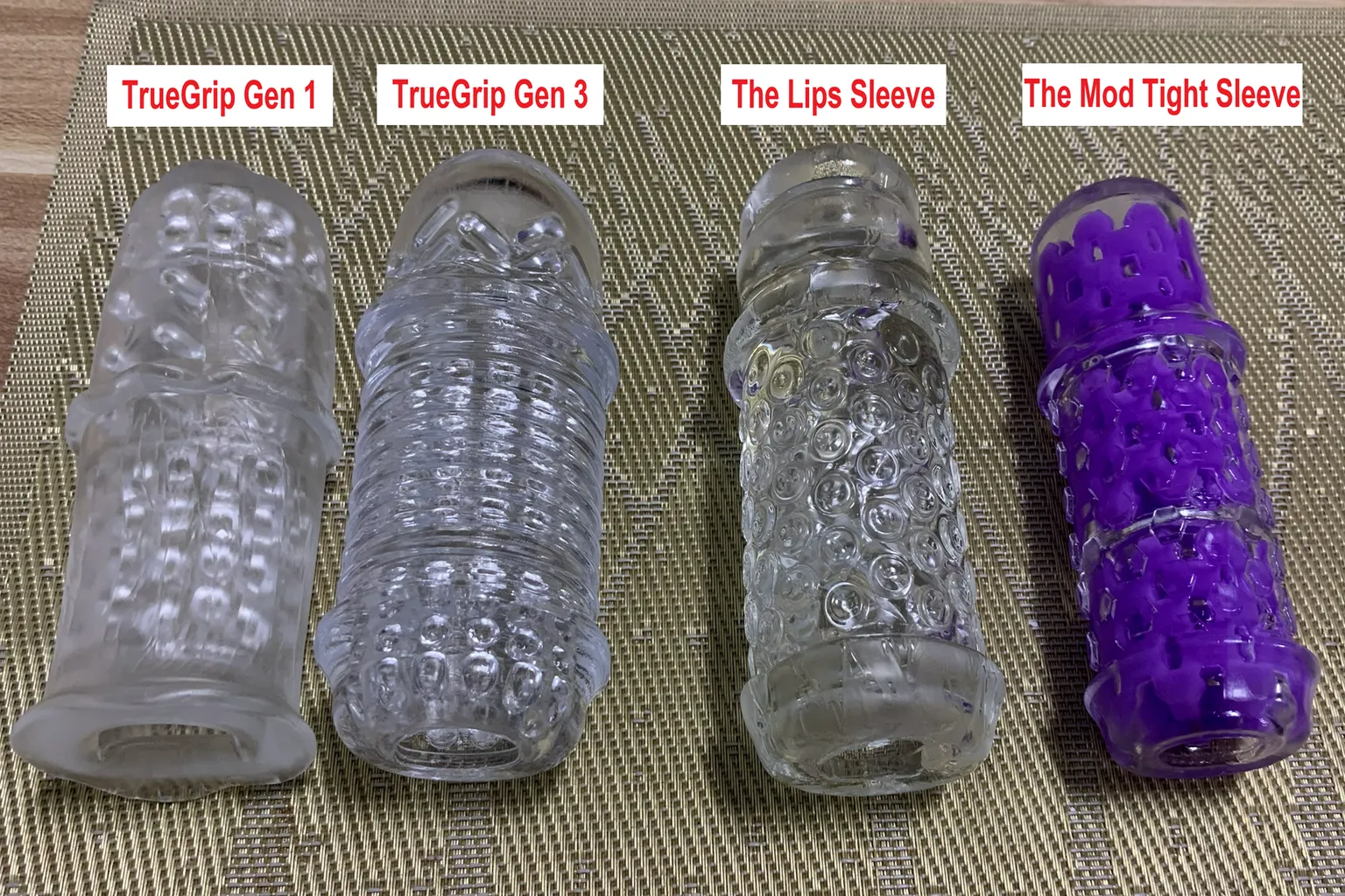 Comparison of TrueGrip Gen 1, TrueGrip Gen 3, The Lips Sleeve, and The Mod Tight Sleeve for The Handy.
