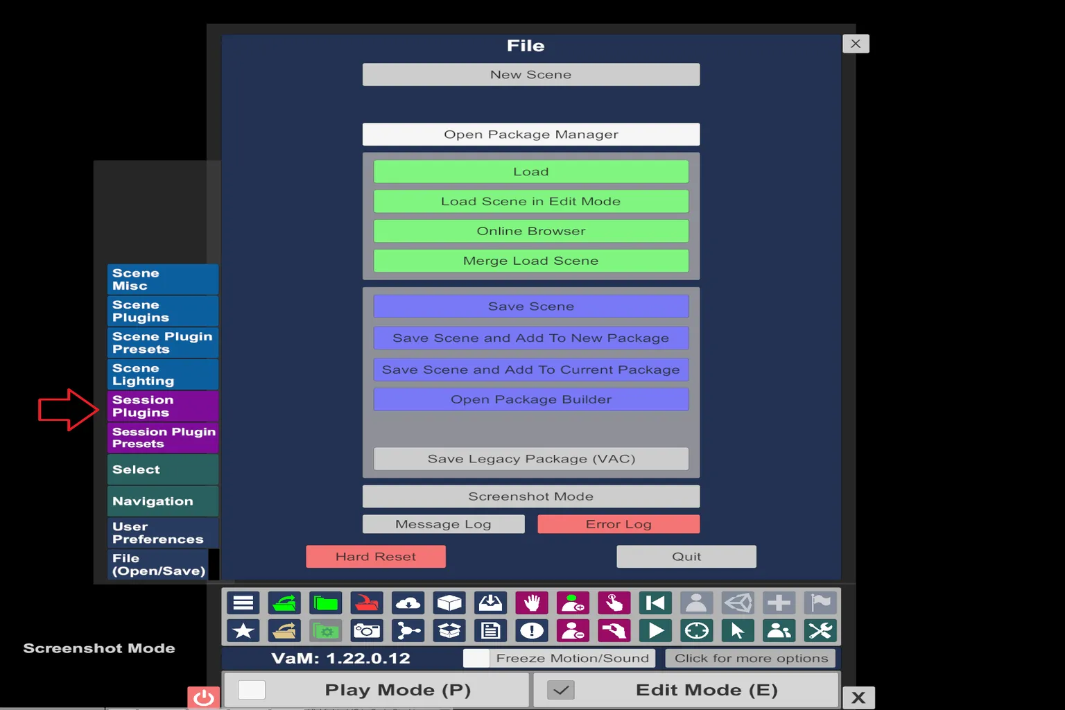 From the VaM file menu, select Session Plugins in the sidebar.