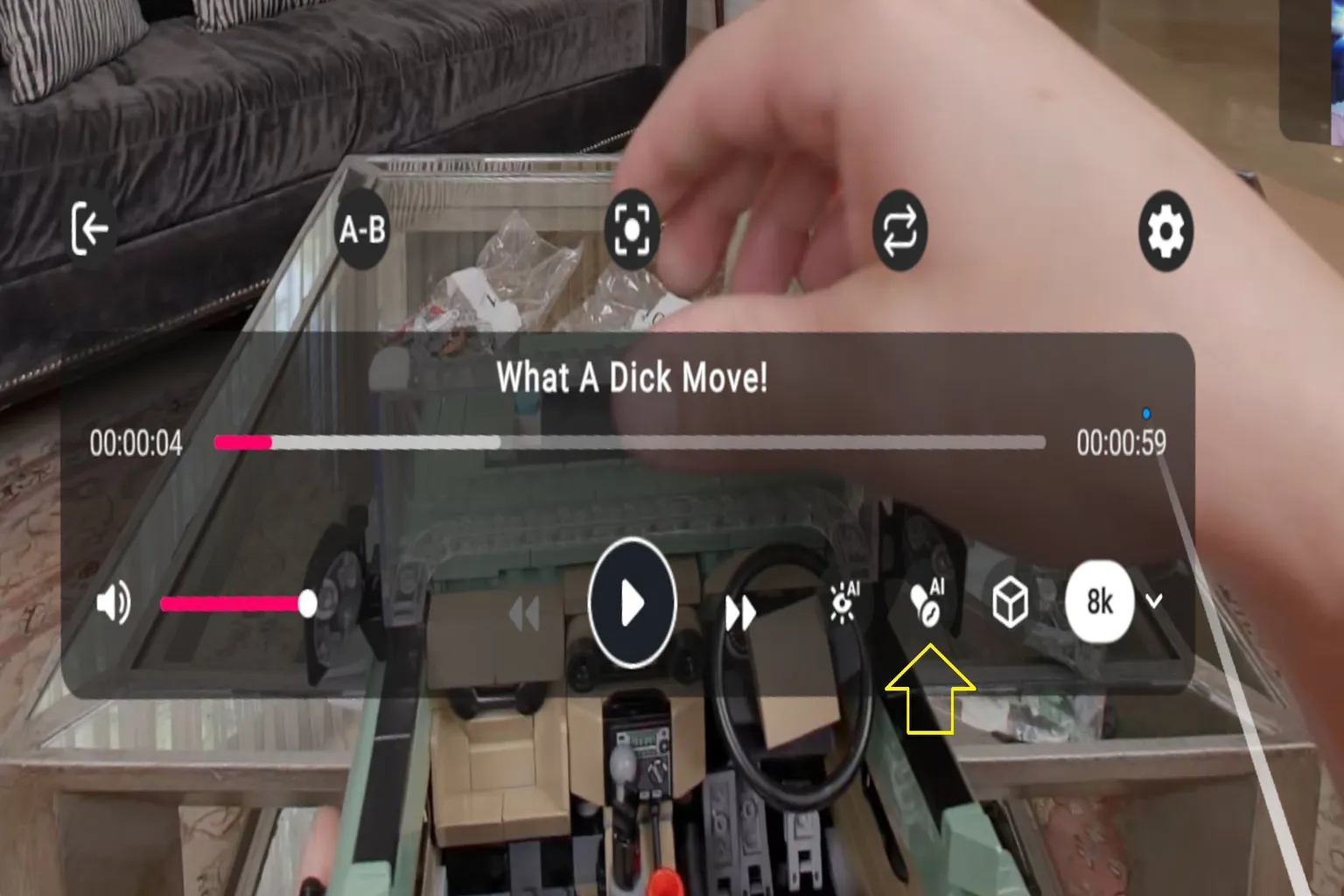 VRPorn video playback screen with the AI interactive feature icon selected.