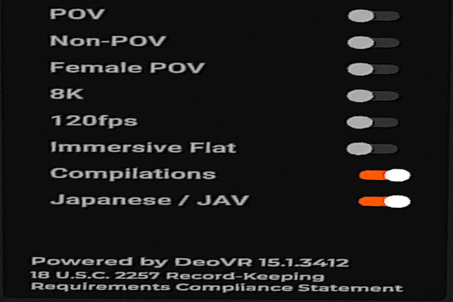 SLR video attribute filter menu showing visual and viewpoint options such as POV, 8K, 120fps, and Immersive Flat. The lower section includes category checkboxes for compilation videos and Japanese JAV content.