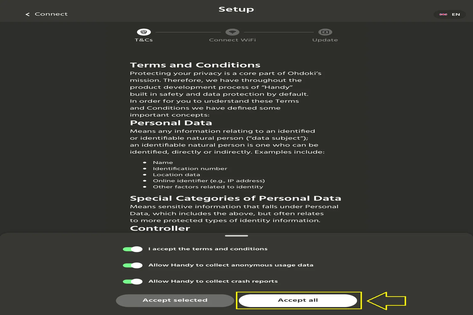 HandyOnboarding setup screen showing the Terms and Conditions page, with the Accept all button highlighted.
