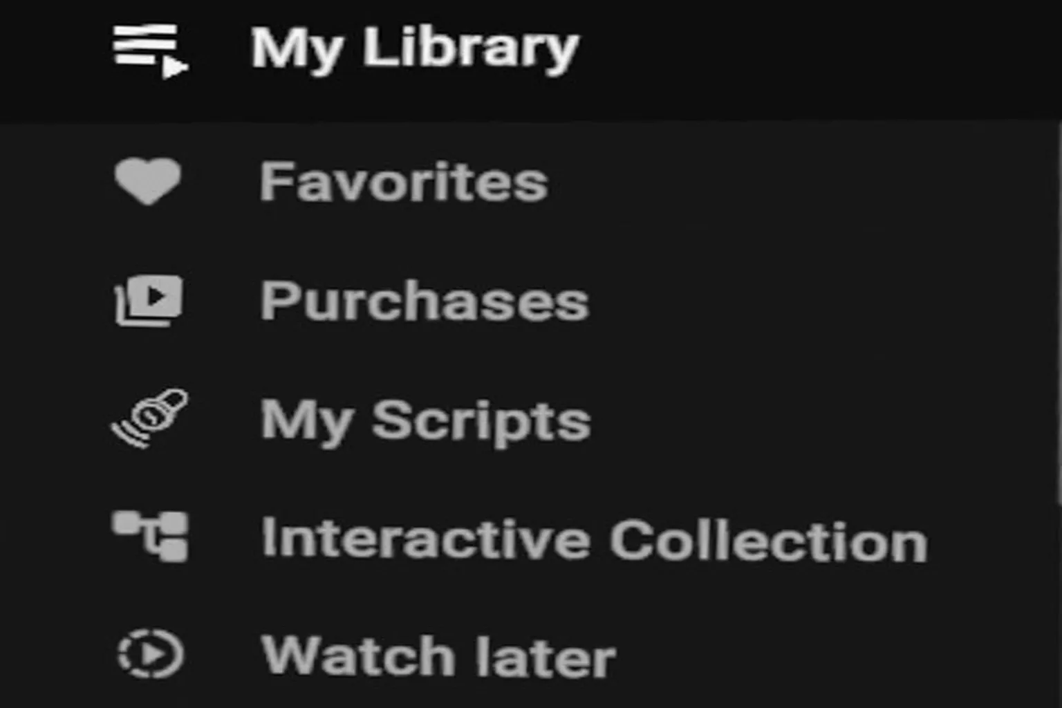 SLR personalized menu including Favorites, Purchased, Scripts, and Watch Later.