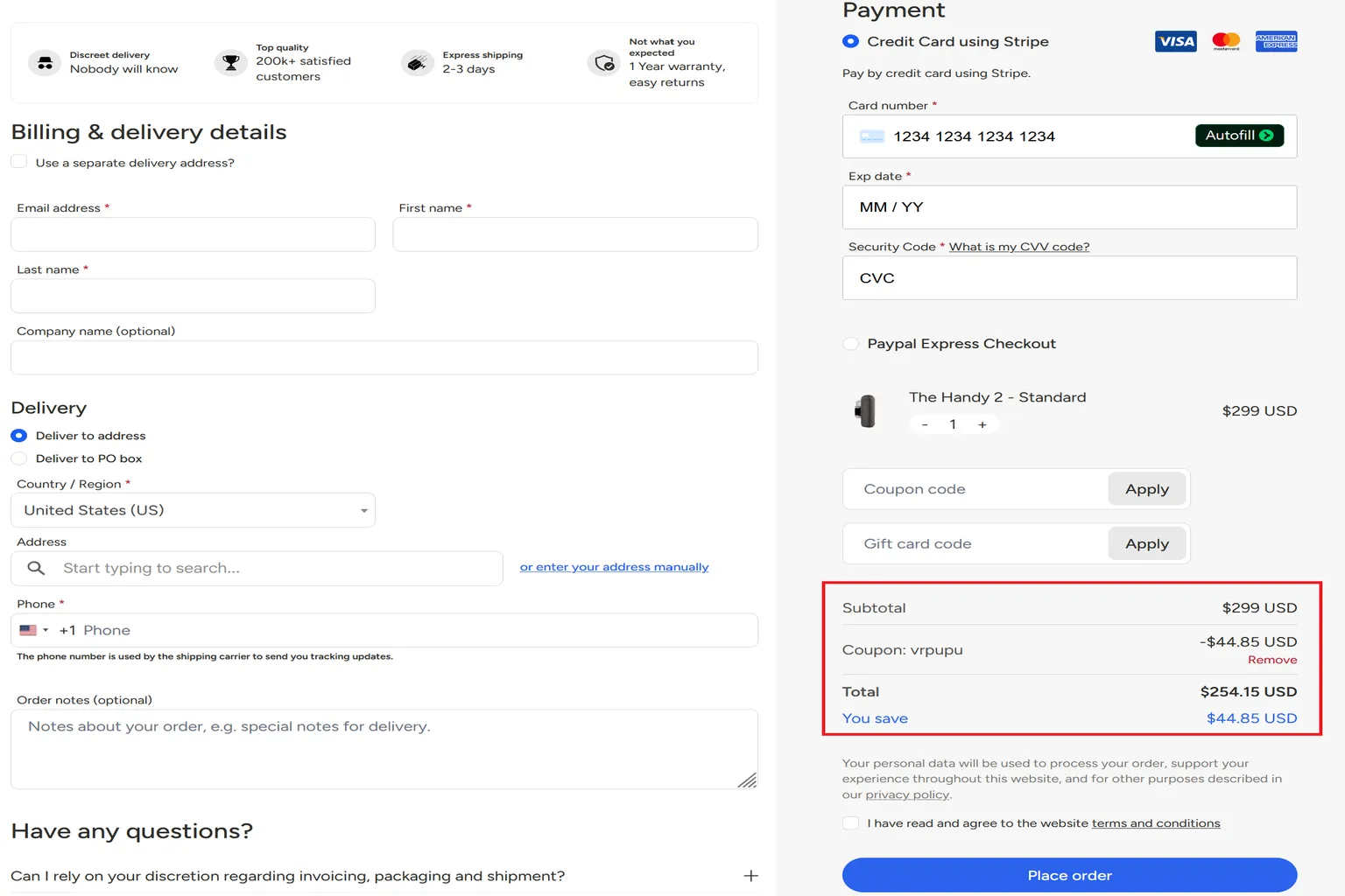 The Handy 2 checkout page with the VRPUPU coupon applied, saving $44.85