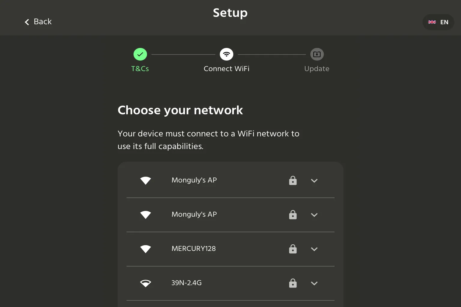 HandyOnboarding setup screen asking the user to choose a WiFi network for The Handy device.