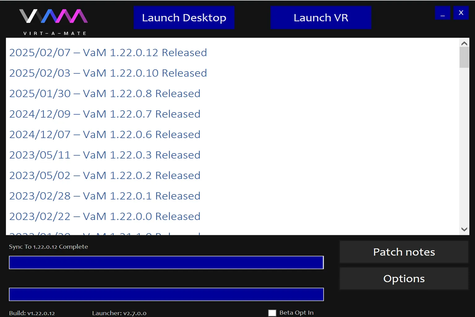 After completing the setup, the VAM main screen appears, showing login options and available modes.