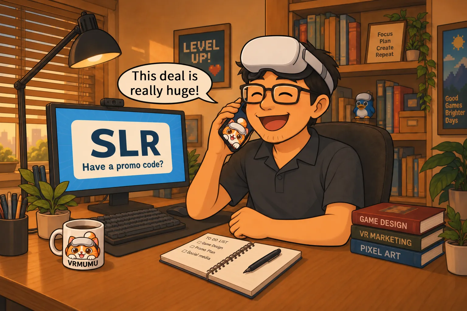 Mengmeng’s dad smiling at an SLR promo code offer while holding his phone, with VRMUMU on the desk.