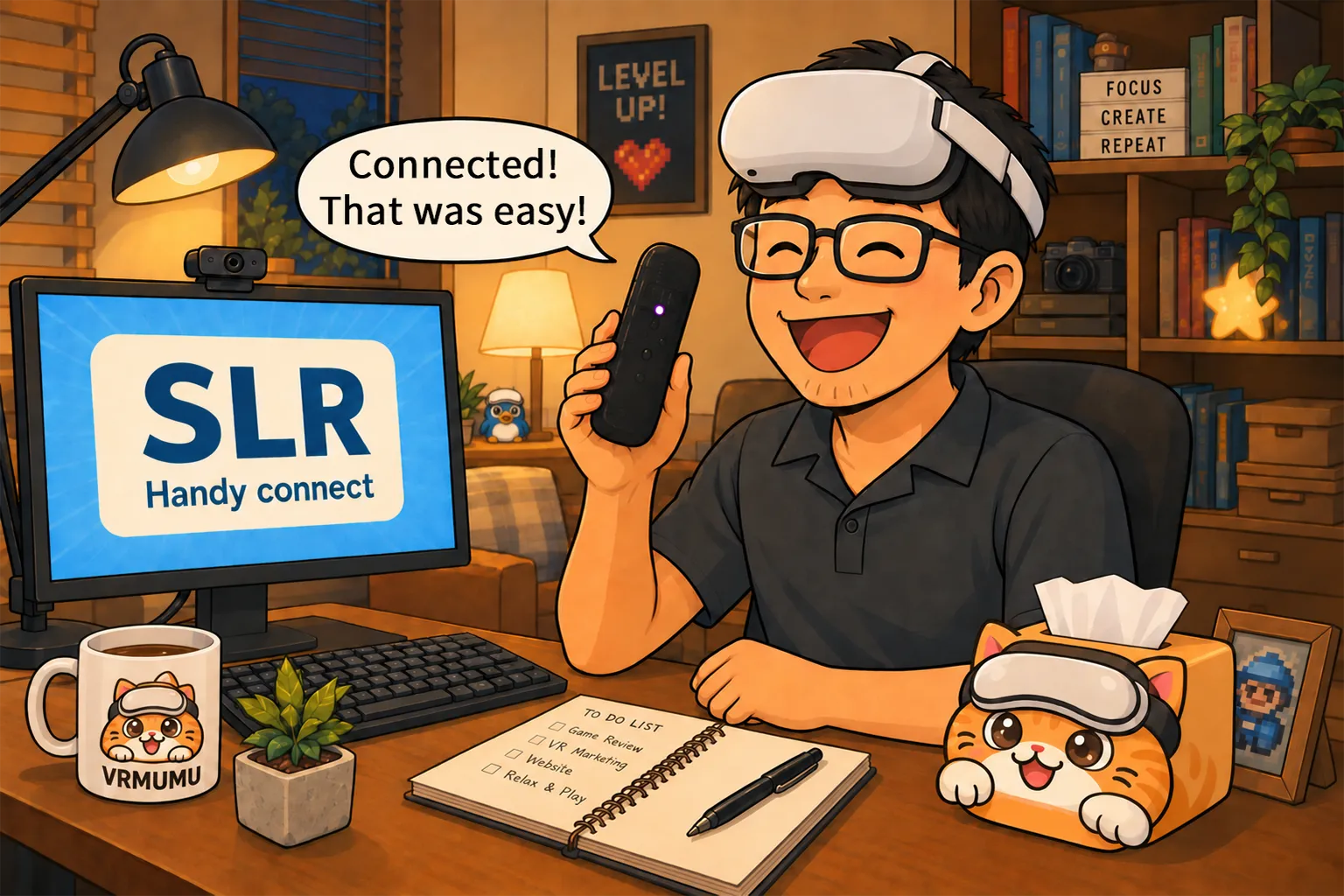 Mengmeng’s dad holding The Handy after successfully connecting it to SLR, with VRMUMU on the desk.