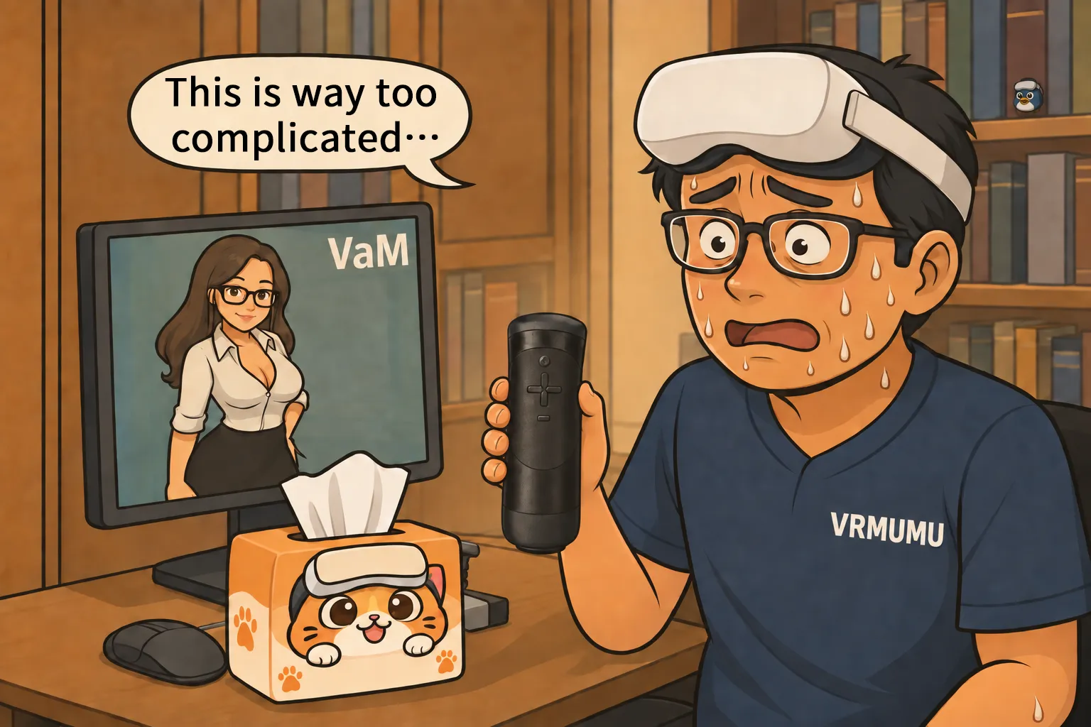 Mengmeng’s dad struggling to configure The Handy with VaM while holding the device, with VRMUMU on the desk.