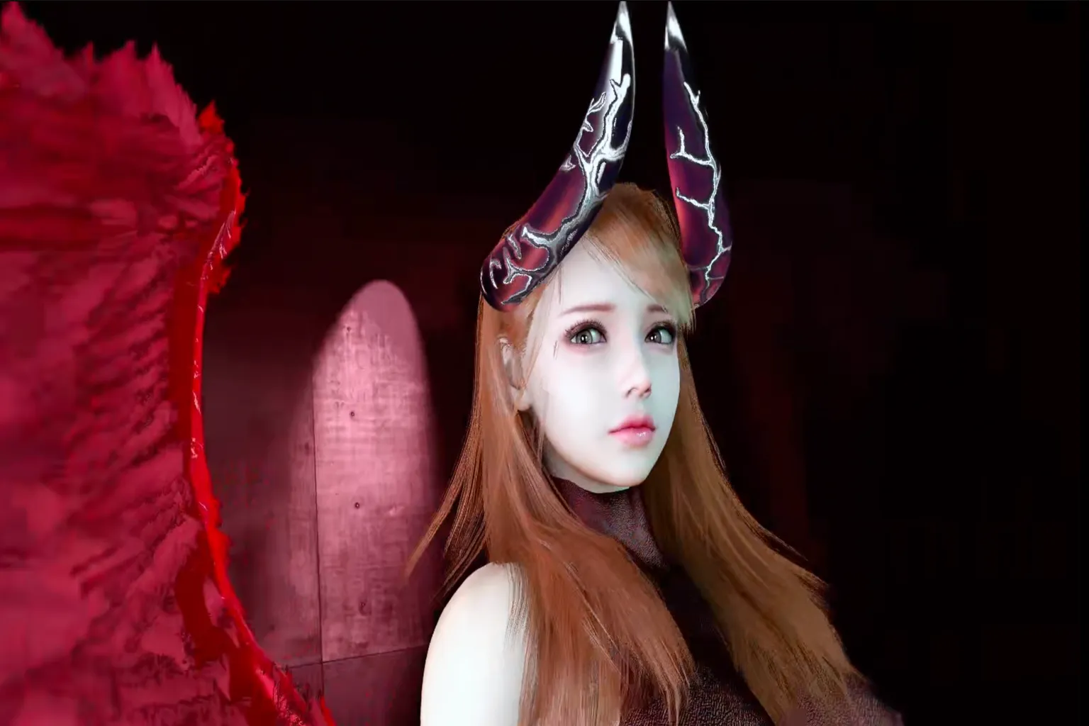 惡魔女孩角色頭部特寫,細節展現閃電紋路雙角與冷艷神情,突顯建模與光影質感