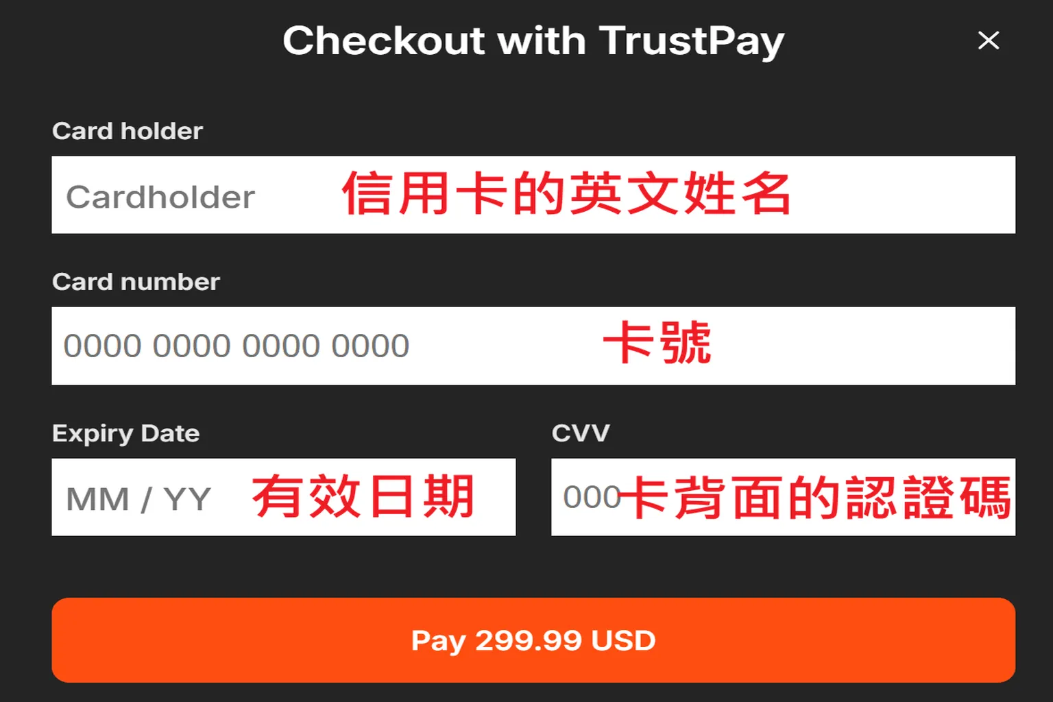 TrustPay 信用卡付款介面,顯示卡片持有人姓名、卡號、有效日期與 CVV 欄位,下方為支付 299.99 美元按鈕