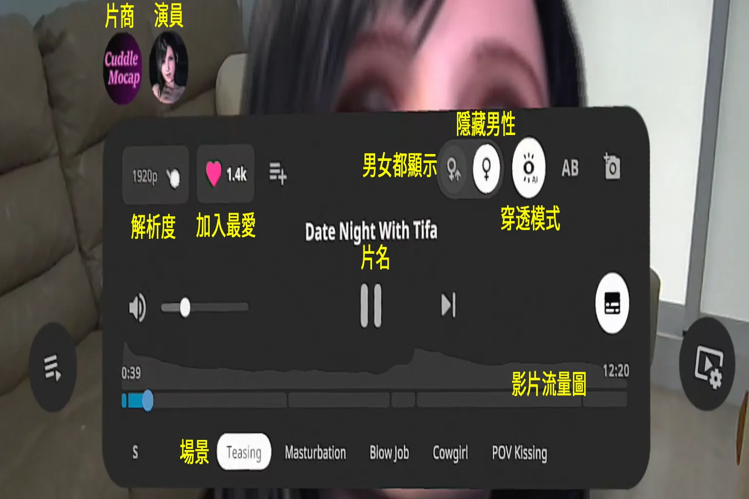 SLR 影片控制面板各項功能說明,包括解析度、場景切換、喜愛清單、男女顯示與穿透模式等按鍵位置。