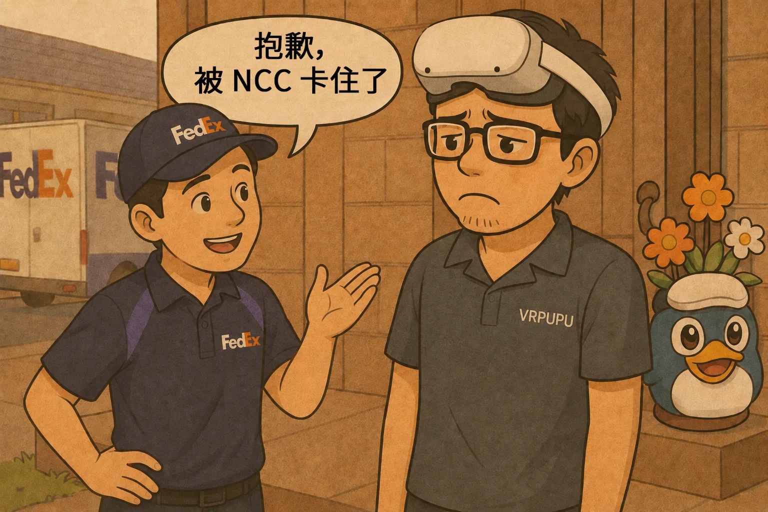 FedEx 物流人員向戴著 VR 頭顯的 VRPUPU 男子表示「抱歉,被 NCC 卡住了」,男子露出失望的表情